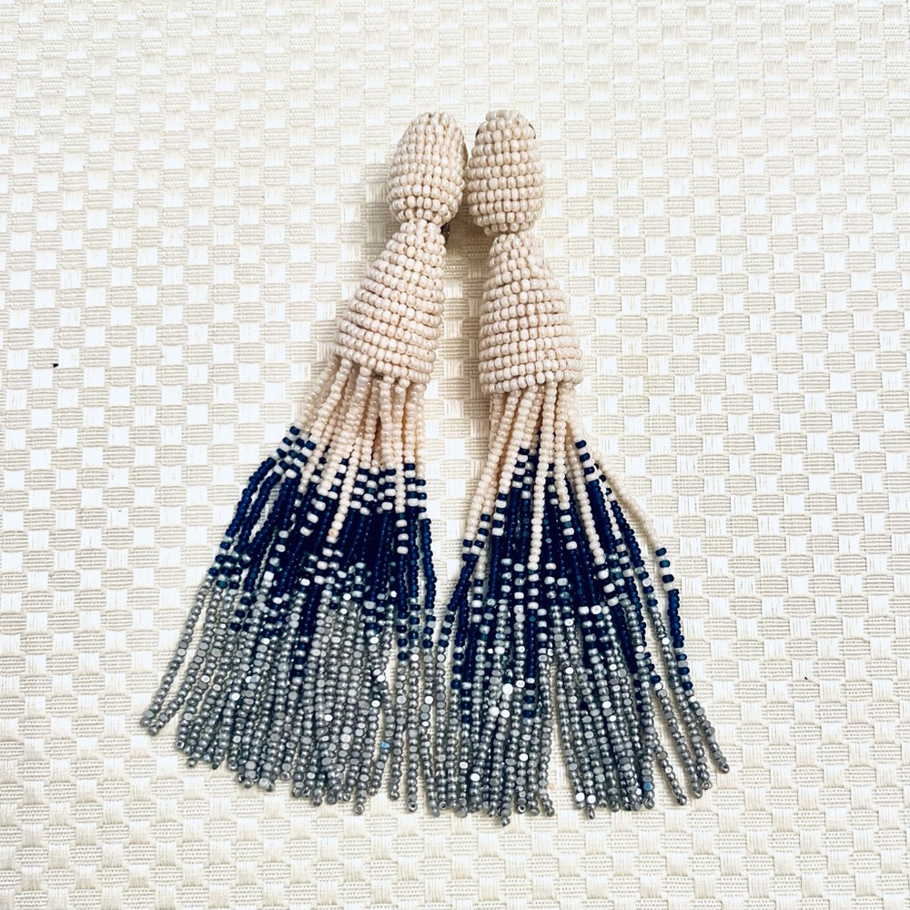 Oscar de la Renta Classic Long Tassel Clip-On Earrings - Cream/Navy/Silver - Picture 2 of 7
